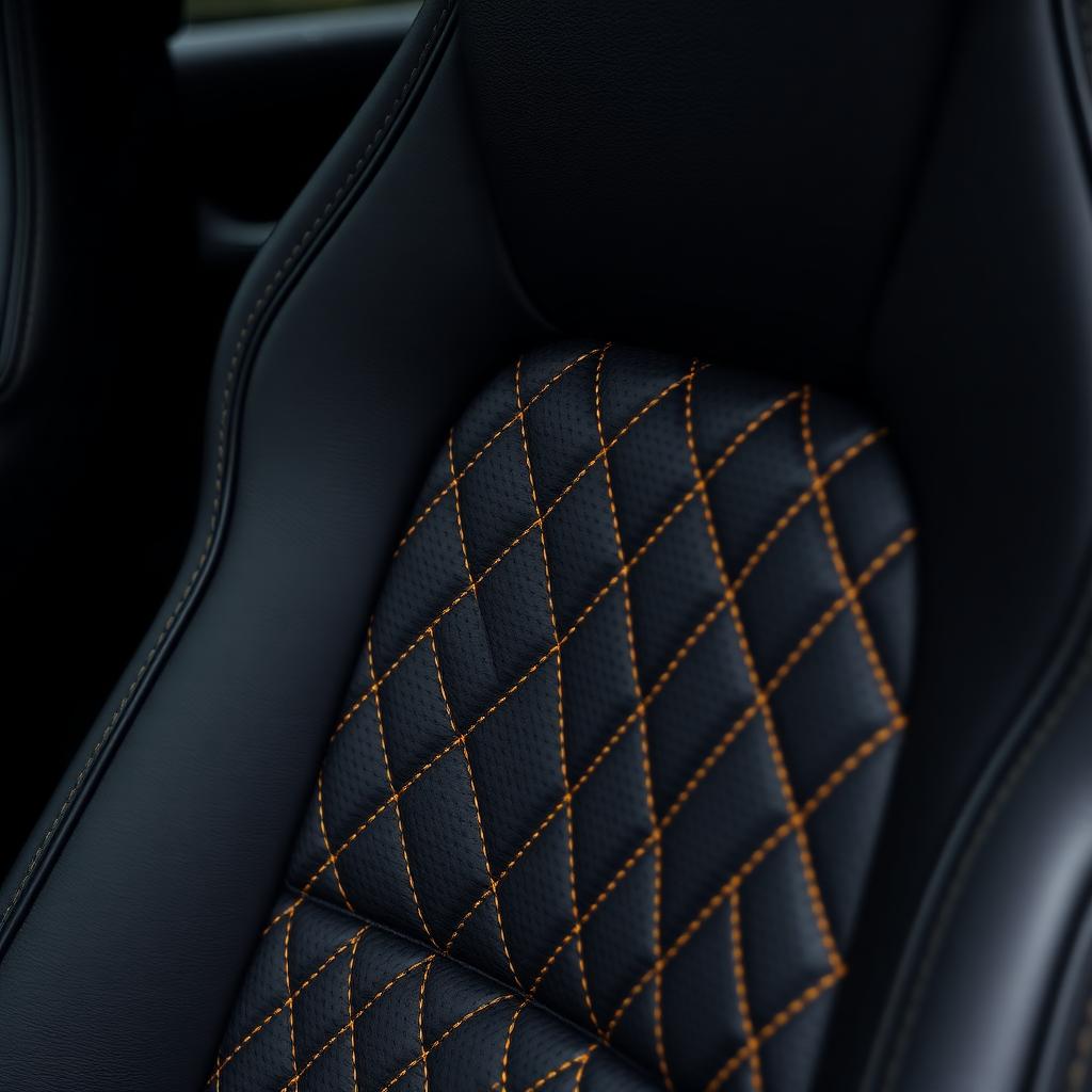 Detalhe de banco de couro automotivo premium com costura artesanal